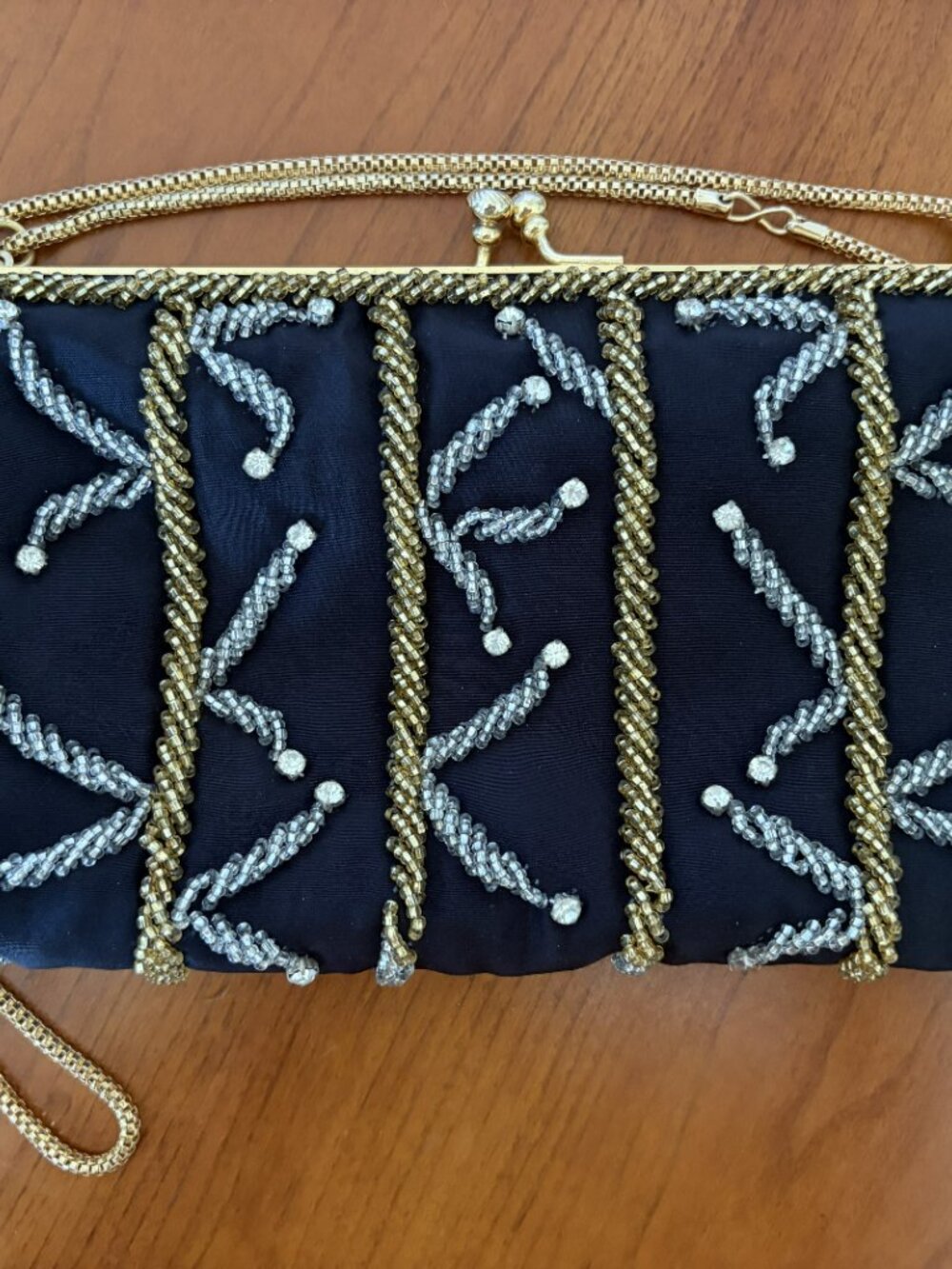 Vintage Walborg Evening Clutch Purse Silver & Gold Beads Black Satin & Box
